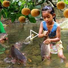 Found catch two big fish by river-Mother cooking fish spicy for lunch with daughter eating delicious