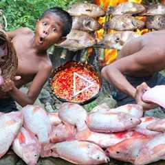 Primitive technology - Red fish catch & cooking eating delicious