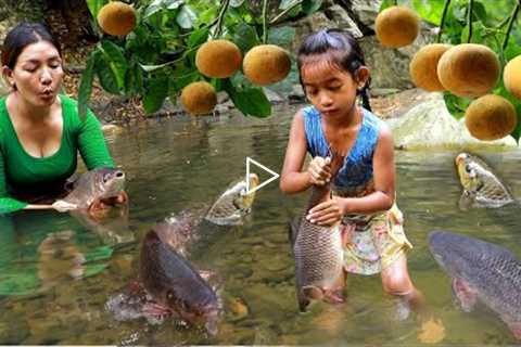 Found catch two big fish by river-Mother cooking fish spicy for lunch with daughter eating delicious